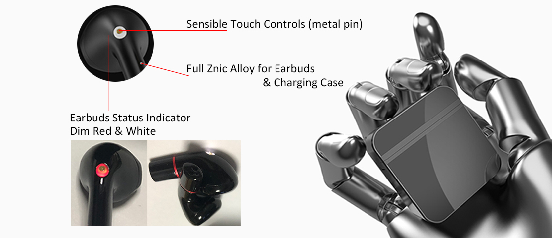 Sensible touch Controls(metal pin) wireless earbuds, full zinc alloy earbuds with alloy charging case, metal earbuds with dim red white led indicator, bluetooth headphones wireless earbuds manufacturer in China